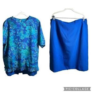 Vintage 80s Maggie Barnes Plus Size Blouse & Skirt Set Blue Floral - Size 22
